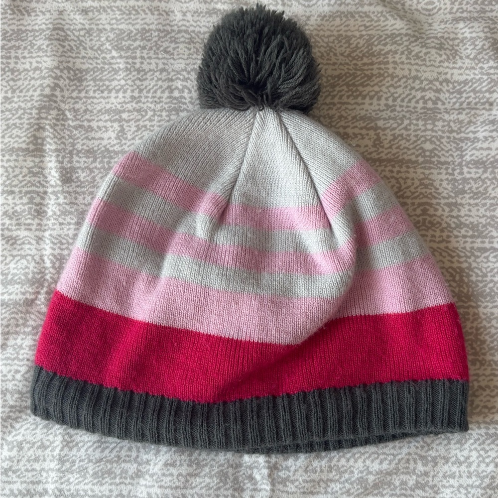 Tag Striped Pom Beanie - Hot Pink, Light Pink & Gray